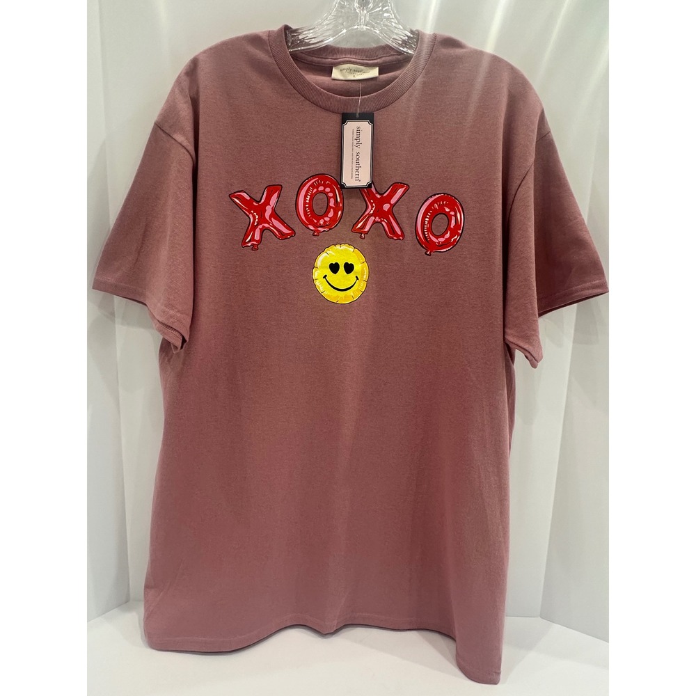 Simply Southern XOXO Valentine Balloon Graphic T-Shirt Mauve Pink Large NWT
